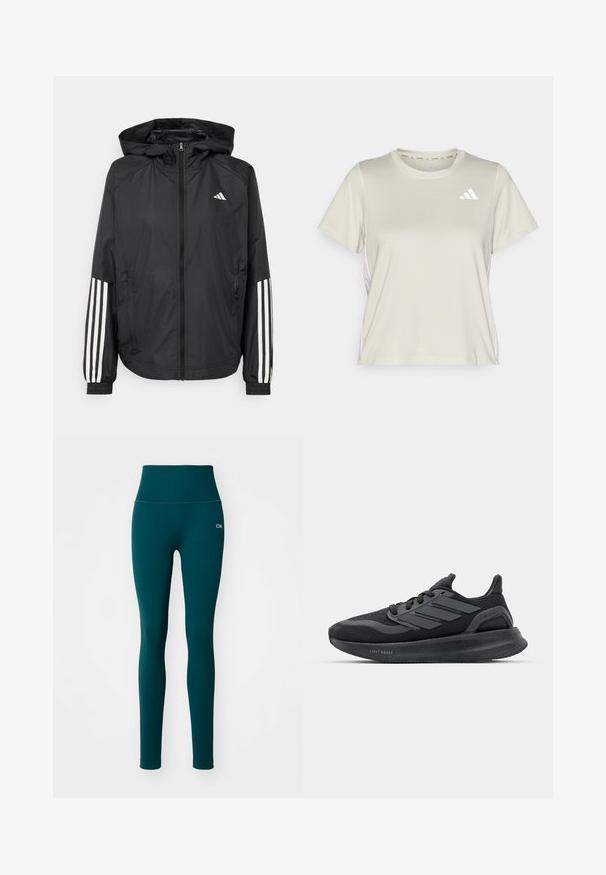 Veste légère noire avec capuche, dotée d'une fermeture à glissière intégrale, de poignets élastiques et d'accents blancs à trois rayures sur les manches.; adidas Performance TRAIN ESSENTIALS 3STRIPES WORKOUT - T-shirt de sport - alumina/white; Leggings taille haute de couleur bleu-vert en tissu côtelé. Dotés d'une texture lisse et d'un petit logo sur la hanche gauche. Sans motifs ni embellissements.; Chaussures de sport noires avec un dessus en maille, des panneaux texturés, un détail de trois bandes, et une semelle courbée étiquetée "LIGHT BOOST".