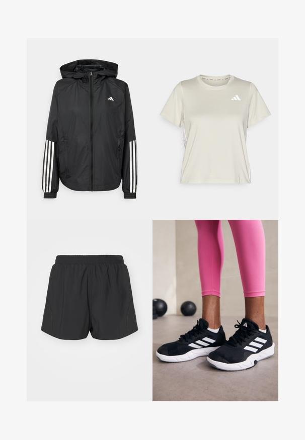 Mustikas kerge jope kapuutsiga, eesmise täispika zipiga, elastsete varrukate ja valgete kolme triibu aktsentidega varrukatel.; adidas Performance TRAIN ESSENTIALS 3STRIPES WORKOUT - Spordi T-särk - alumina/white; Mustad mustujooksu lühikesed püksid elastse vöökoha, kerge kangaga ja tekstureeritud disainiga, millel on peened külgedel riputused.; Mustad must sportlikud jalanõud valgete triipudega, tekstureeritud võrkkattega ülemine osa ja valge tallaga. Kombineeritud roosade retuusidega, tutvustades treeningriideid.