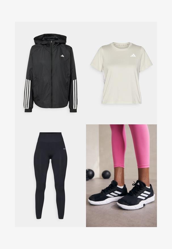 Schwarze, leichte Jacke mit Kapuze, die einen durchgehenden Reißverschluss, elastische Bündchen und weiße dreistreifige Akzente an den Ärmeln aufweist.; adidas Performance TRAIN ESSENTIALS 3STRIPES WORKOUT - Sport T-Shirt - alumina/white; Hochtaillierte schwarze Leggings aus einem glatten, dehnbaren Stoff. Mit einem Logo am Oberschenkel und strukturierten Akzenten an den Seiten.; Schwarze Sportschuhe mit weißen Streifen, strukturiertem Mesh-Obermaterial und einer weißen Sohle. Kombiniert mit pinken Leggings, die Trainingsbekleidung zur Schau stellen.