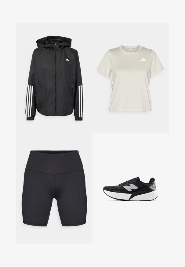 Black lightweight jacket with a hood, featuring a full zip front, elastic cuffs, and white three-stripe accents on sleeves.; adidas Performance TRAIN ESSENTIALS 3STRIPES WORKOUT - Sports T-shirt - alumina/white; Champion PERFORMANCE SOFT TOUCH BIKE SHORTS - Leggings - black; Black and white New Balance running shoe with thick sole, mesh upper, and "N" logo on the side, viewed from the outer side.