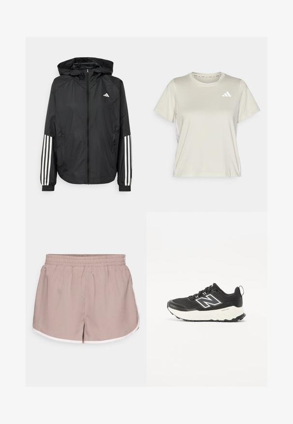 Svart lett jakke med hette, med full glidelås foran, elastiske mansjetter og hvite tre-stripes detaljer på ermene.; adidas Performance TRAIN ESSENTIALS 3STRIPES WORKOUT - T-skjorte til trening - alumina/white; Idrettsshorts i lys beige stoff med elastisk midje, med en kontrastfarge i hvitt langs kantene og en løs passform.; Svart idrettssko med et teksturert stoffoverdel, kontrasterende hvit mellomsåle og en fremtredende grå logo på siden. Gummisåle med godt grep.