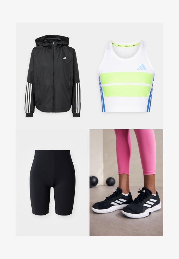 Veste légère noire avec capuche, dotée d'une fermeture à glissière intégrale, de poignets élastiques et d'accents blancs à trois rayures sur les manches.; Crop top de sport blanc avec des rayures horizontales vertes et bleues. Présente un col rond et des détails en bleu sur les côtés.; Shorts noir ajustés en matériau lisse et extensible. Ils présentent une taille haute et un design épuré, minimaliste, sans fermetures visibles.; Baskets de sport noires avec des rayures blanches, tige en mesh texturé et semelle blanche. Portées avec des leggings roses, mettant en valeur des vêtements d'entraînement.