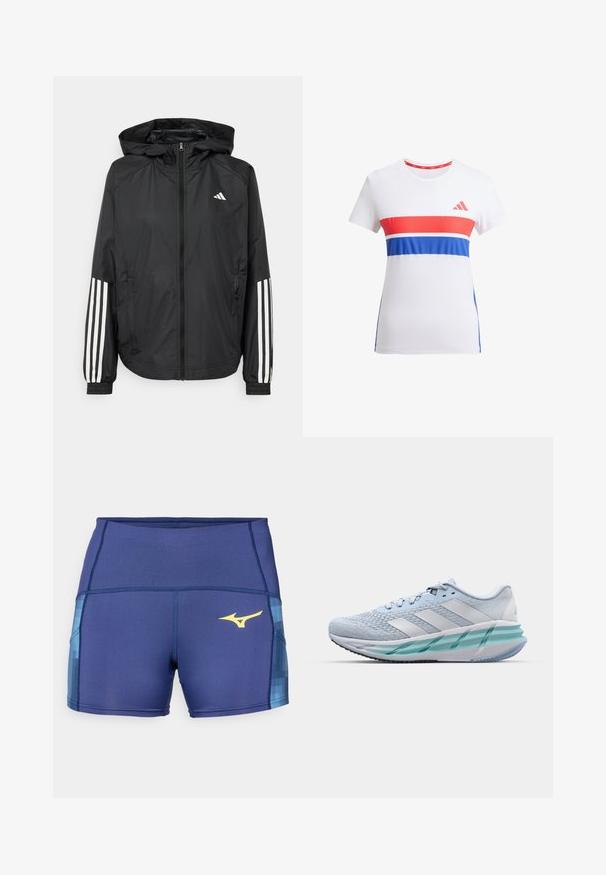 Musta kevyt takki hupparilla, jossa on täysipitkä vetoketju, elastiset hihansuut ja valkoiset kolmonauha-tyyliset yksityiskohdat hihoissa.; Valkoinen urheilupaita, jossa on punaiset ja siniset vaakasuorat raidat, pyöreä kaula-aukko, lyhyet hihat ja logo rinnassa.; Navy siniset urheilushortsit, joissa on teksturoitu sininen tehoste sivuilla ja keltainen logo. Valmistettu joustavasta, kosteutta siirtävästä kankaasta.; Vaaleansiniset urheilukengät, joissa on teksturoitu neulepinta, valkoiset yksityiskohdat ja läpinäkyvä vihreä välipohja. Pyöreä kärki ja pehmustettu nilkka.