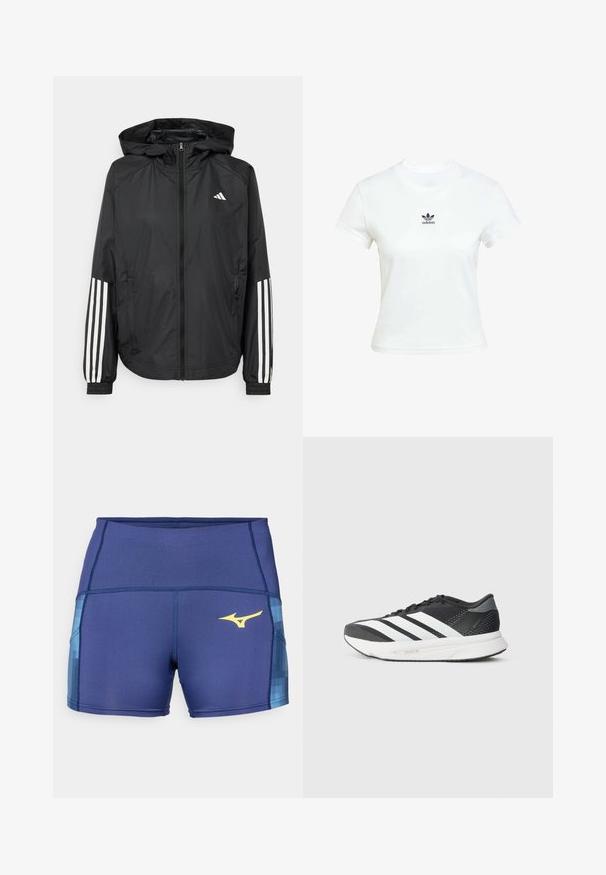 Zwarte lichtgewicht jas met een capuchon, met een volledige ritssluiting aan de voorkant, elastische manchetten en witte accenten met drie strepen op de mouwen.; Witte katoenen T-shirt met korte mouwen en een ronde hals. Voorzien van een zwart Adidas-logo op de borst. Eenvoudig, minimalistisch ontwerp.; Marineblauwe sportshorts met een gestructureerde blauwe accent aan de zijkanten, voorzien van een gele logo. Gemaakt van rekbare, vochtregulerende stof.; Zwarte sport schoen met witte strepen, bovenwerk van mesh, gevoerde zool en een gestroomlijnd ontwerp. Accenten van grijs op de hak en tong.