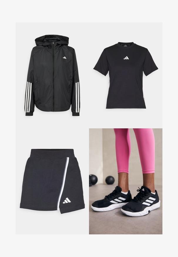 Μαύρο ελαφρύ μπουφάν με κουκούλα, με πλήρη φερμουάρ μπροστά, ελαστικούς καρπούς και λευκές τριπλές ρίγες στα μανίκια.; Μαύρο κοντομάνικο μπλουζάκι φτιαγμένο από μαλακό ύφασμα. Διαθέτει λευκό λογότυπο της Adidas και αντίθετες λευκές ρίγες κατά μήκος των πλαισίων.; Μαύρη αθλητική φούστα με εφαρμοστό μανίκι, λευκή ρίγα στο πλάι και μικρό λευκό λογότυπο στο κάτω δεξί μέρος. Κατασκευασμένη από μαλακό, ελαστικό υλικό.; Μαύρα αθλητικά παπούτσια με λευκές ρίγες, με επάνω μέρος από υφαντό πλέγμα και λευκή σόλα. Φορεμένα με ροζ κολάν, επιδεικνύοντας ρουχισμό προπόνησης.