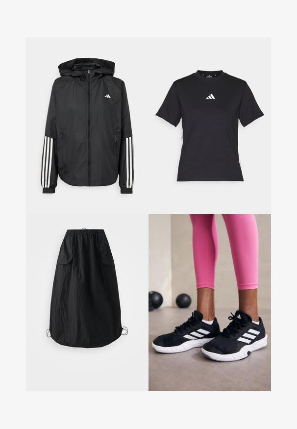 Čierna ľahká bunda s kapucňou, s celoprsným zipsom, elastickými manžetami a bielymi trojprúžkovými akcentmi na rukávoch.; Čierne tričko s krátkym rukávom vyrobené z mäkkej tkaniny. Obsahuje biele logo Adidas a kontrastné biele pruhy po stranách.; adidas Sportswear sukňa v tvare A - black; Čierne atletické topánky s bielymi pruhmi, textúrovaný sieťovaný zvršok a biela podrážka. Nosené s ružovými legínami, ukazujúce tréningové oblečenie.