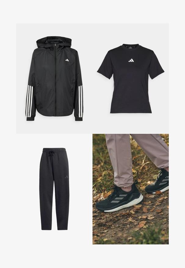 Sort letvægtsjakke med hætte, der har fuld lynlås fortil, elastiske manchetter og hvide tre-stribede detaljer på ærmerne.; Sort kortærmet T-shirt lavet af blødt stof. Har et hvidt Adidas-logo og kontrastfarvede hvide striber langs siderne.; Sorte sweatpants lavet af blødt stof, med en elastisk talje med snøre, lige ben og et diskret logo på låret.; Sorte sportssko med lysegrå striber, med en struktureret overdel, hvid støddæmpende sål, båret med lyserøde bukser, på et bladbeklædt underlag.