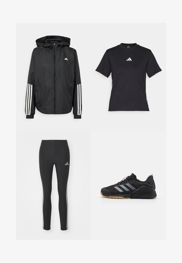 Veste légère noire avec capuche, dotée d'une fermeture à glissière intégrale, de poignets élastiques et d'accents blancs à trois rayures sur les manches.; T-shirt noir à manches courtes en tissu doux. Il présente un logo Adidas blanc et des rayures blanches contrastantes sur les côtés.; Leggings noirs en tissu extensible avec des bandes latérales blanches et un petit logo réfléchissant en haut à gauche.; Chaussure de sport noire avec une tige en maille, design à trois bandes grises, semelle en caoutchouc et accents texturés sur le talon et sur le côté.