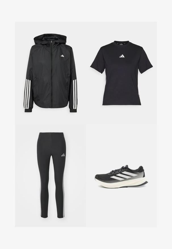 Black lightweight jacket with a hood, featuring a full zip front, elastic cuffs, and white three-stripe accents on sleeves.; Black short-sleeve T-shirt made of soft fabric. Features a white Adidas logo and contrasting white stripes along the sides.; Black leggings made of stretchy material with white side stripes and a small reflective logo on the upper left side.; Black athletic shoe with mesh upper, white accents, and a thick white midsole. Features laces and a low-profile design.