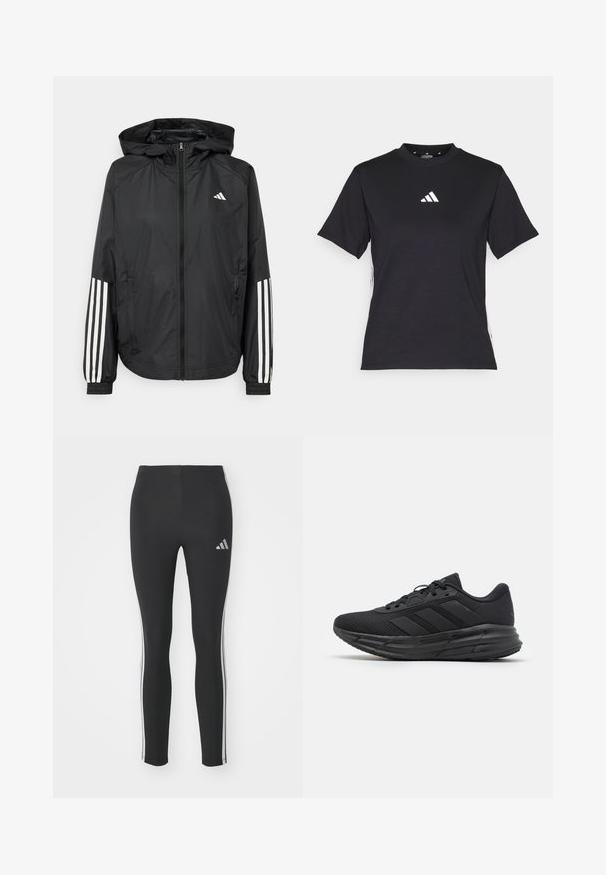 Veste légère noire avec capuche, dotée d'une fermeture à glissière intégrale, de poignets élastiques et d'accents blancs à trois rayures sur les manches.; T-shirt noir à manches courtes en tissu doux. Il présente un logo Adidas blanc et des rayures blanches contrastantes sur les côtés.; Leggings noirs en tissu extensible avec des bandes latérales blanches et un petit logo réfléchissant en haut à gauche.; Chaussure de sport noire avec une tige en mesh respirant, présentant trois rayures noires mates, une semelle rembourrée et une semelle texturée pour une meilleure adhérence.