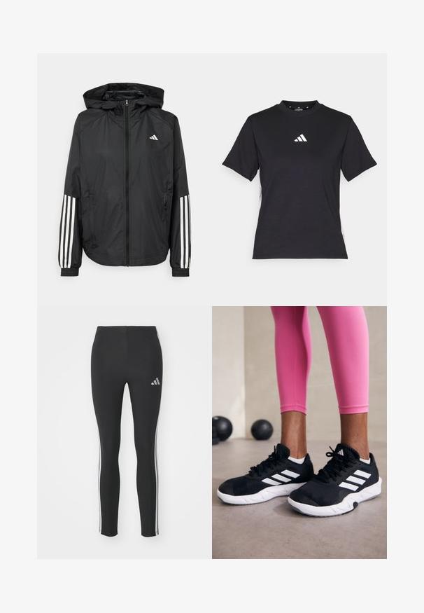 Svart lätt jacka med huva, som har full dragkedja framtill, elastiska ärmslut och vita tre-stripes accenter på ärmarna.; Svart kortärmad T-shirt i mjukt material. Har en vit Adidas-logotyp och kontrasterande vita ränder längs sidorna.; Svarta leggings i elastiskt material med vita sidostripes och en liten reflekterande logotyp på övre vänstra sidan.; Svarta sportskor med vita ränder, texturerat meshupp, och en vit sula. Bärs med rosa leggings, vilket visar träningskläder.