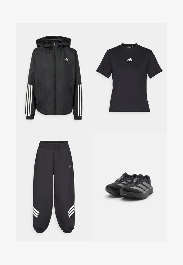 Black lightweight jacket with a hood, featuring a full zip front, elastic cuffs, and white three-stripe accents on sleeves.; Black short-sleeve T-shirt made of soft fabric. Features a white Adidas logo and contrasting white stripes along the sides.; adidas Sportswear FUTURE ICONS THREE STRIPES PARACHUTE - Tracksuit bottoms - black; Pair of black Adidas Adizero running shoes with gray stripes, thick soles, and laces on a white background.