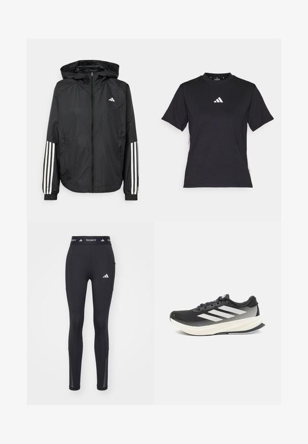 Sort letvægtsjakke med hætte, der har fuld lynlås fortil, elastiske manchetter og hvide tre-stribede detaljer på ærmerne.; Sort kortærmet T-shirt lavet af blødt stof. Har et hvidt Adidas-logo og kontrastfarvede hvide striber langs siderne.; Sorte atletiske leggings med en tætsiddende design, lavet af strækbart materiale, med et logo ved hoften og mesh-detaljer ved anklerne.; Sort atletik sko med mesh-overdel, hvide accenter og en tyk hvid mellemsål. Har snørebånd og et lavprofil design.
