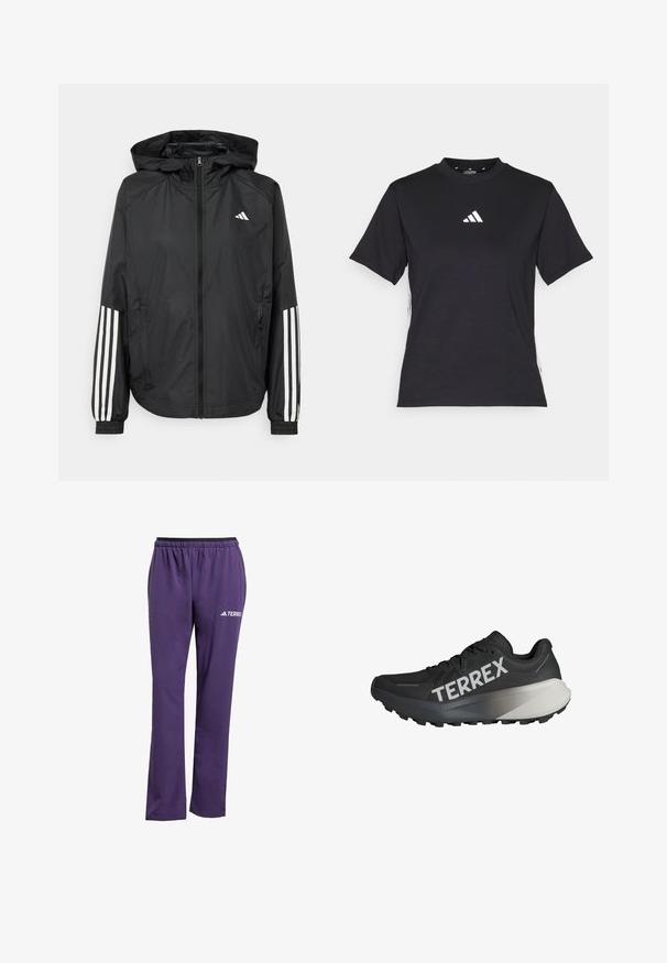 Crna lagana jakna s kapuljačom, s punim zdravo zatvaranjem, elastičnim manžetama i bijelim trostrukim trakama na rukavima.; Crna kratka majica s kratkim rukavima izrađena od mekog materijala. Ima bijeli Adidas logo i suprotstavljene bijele pruge duž strana.; Ljubičaste sportske hlače s crnim elastičnim pojasom, ravnim krojem i bijelim "TERREX" logotipom s lijeve strane. Glatka tekstura.; Crne trkačke tenisice s teksturiranim gornjim dijelom, istaknutim bijelim logotipom "TERREX", suženim dizajnom potplata i gradijentnim sivim naglaskom na peti.