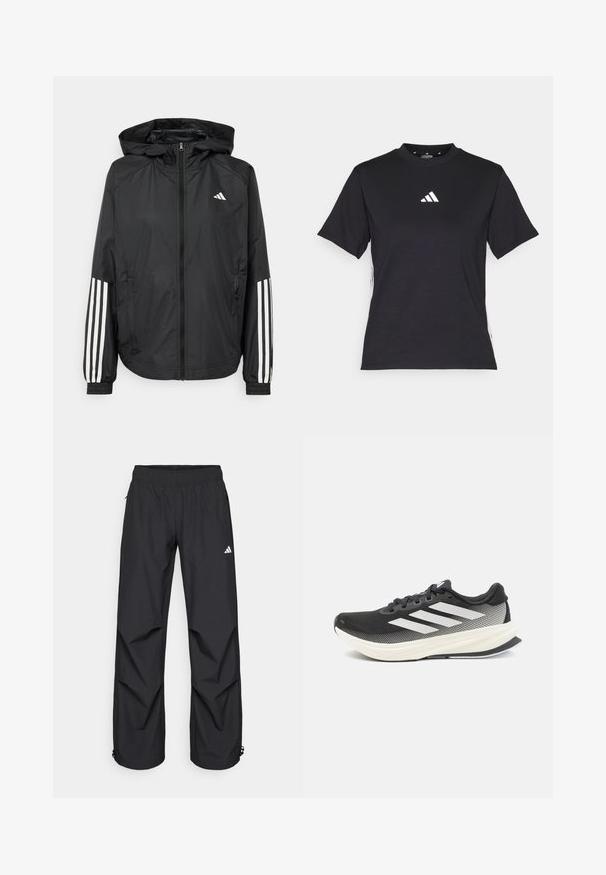 Veste légère noire avec capuche, dotée d'une fermeture à glissière intégrale, de poignets élastiques et d'accents blancs à trois rayures sur les manches.; T-shirt noir à manches courtes en tissu doux. Il présente un logo Adidas blanc et des rayures blanches contrastantes sur les côtés.; Pantalons noirs, légers et imperméables avec une taille élastique, des poches latérales et des poignets ajustables. Présente un logo blanc sur la cuisse gauche.; Chaussure de sport noire avec tige en maille, accents blancs et une semelle intermédiaire blanche épaisse. Dispose de lacets et d'un design profil bas.