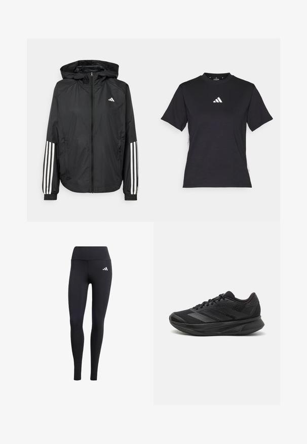 Giacca leggera nera con cappuccio, caratterizzata da una zip frontale completa, polsini elastici e accenti bianchi a tre strisce sulle maniche.; T-shirt nero a maniche corte realizzato in tessuto morbido. Presenta un logo bianco Adidas e strisce bianche a contrasto lungo i lati.; Leggings neri realizzati in materiale elastico, con una vita alta e un piccolo logo bianco, caratterizzati da una finitura liscia e opaca.; Scarpa da corsa nera con tomaia in rete traspirante, punta rotonda, design elegante, dettagli testurizzati e suola ammortizzata per il comfort.