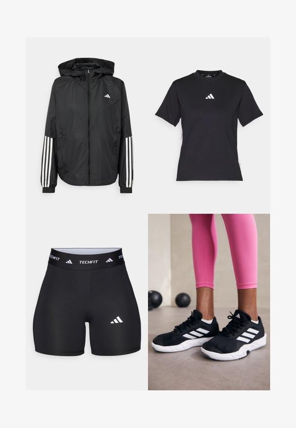 Black lightweight jacket with a hood, featuring a full zip front, elastic cuffs, and white three-stripe accents on sleeves.; Black short-sleeve T-shirt made of soft fabric. Features a white Adidas logo and contrasting white stripes along the sides.; Black shorts made from stretchy fabric with a fitted design. Features a wide black waistband labeled "TECHFIT" and a white logo on the leg.; Black athletic shoes with white stripes, textured mesh upper, and a white sole. Worn with pink leggings, showcasing training apparel.