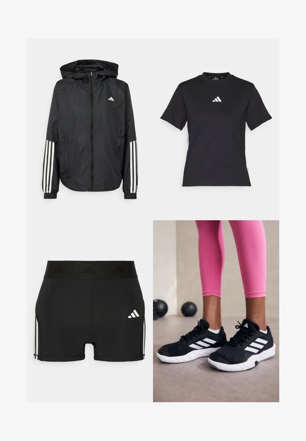 Jachetă ușoară neagră cu glugă, cu fermoar pe întreaga lungime, manșete elastice și accente albe cu trei dungi pe mâneci.; Tricou negru cu mâneci scurte, fabricat dintr-un material moale. Prezintă un logo Adidas alb și dungi albe contrastante pe laturi.; Shorts atletici negri, confectionați din material elastic. Au o talie lată neagră cu logo embosat și dungi laterale albe.; Adidași negri cu dungi albe, suprafață din plasă texturată și talpă albă. Purtați cu colanți roz, evidențiind îmbrăcămintea sport.