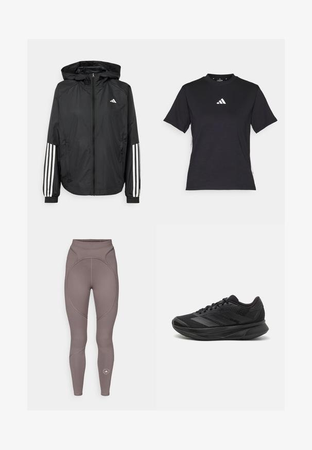 Musta kevyt takki hupparilla, jossa on täysipitkä vetoketju, elastiset hihansuut ja valkoiset kolmonauha-tyyliset yksityiskohdat hihoissa.; Mustat lyhythihaiset T-paidat, jotka on valmistettu pehmeästä kankaasta. Siinä on valkoinen Adidas-logo ja erottuvat valkoiset raidat sivuilla.; adidas by Stella McCartney Trikoot - charcoal; Mustat juoksukengät, joissa on hengittävä verkkoyläosa, pyöreä varvas, sulavalinjainen muotoilu, teksturoidut yksityiskohdat ja pehmustettu pohja mukavuutta varten.