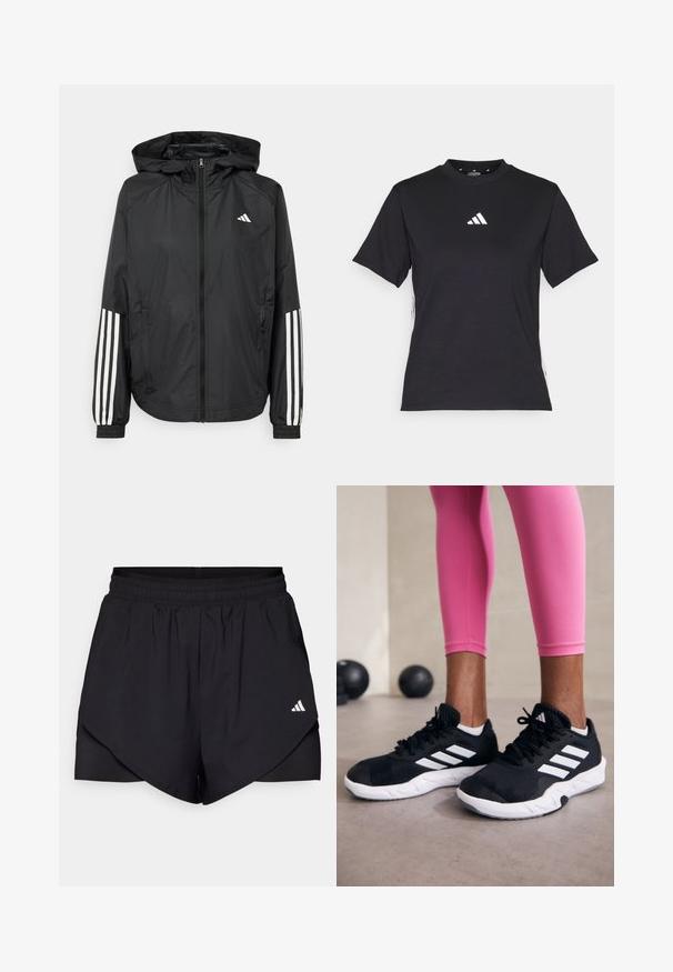 Giacca leggera nera con cappuccio, caratterizzata da una zip frontale completa, polsini elastici e accenti bianchi a tre strisce sulle maniche.; T-shirt nero a maniche corte realizzato in tessuto morbido. Presenta un logo bianco Adidas e strisce bianche a contrasto lungo i lati.; Pantaloni sportivi neri con un design a strati, realizzati in tessuto leggero. Presentano una vita elastica e un piccolo logo bianco sul lato.; Scarpe da ginnastica nere con strisce bianche, parte superiore in mesh testurizzato e suola bianca. Indossate con leggings rosa, a mostrare abbigliamento per l'allenamento.