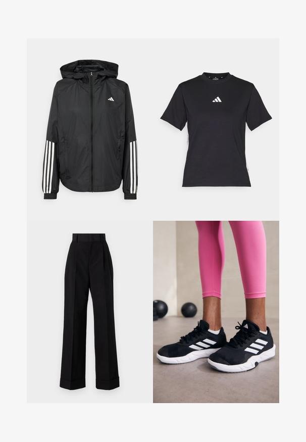 Črna lahka jakna s kapuco, z polnim zadrgo spredaj, elastikami na zapestjih in belimi tridelnimi poudarki na rokavih.; Črna kratkotrajna majica z mehkimi tkaninami. Ima bel logo Adidas in kontrastne bele črte ob straneh.; Visoke črne hlače iz bombaža. Imajo široke nogavice, gube in zavihke na robovih. Gladka tekstura, brez vidnih vzorcev ali kovinskih dodatkov.; Črne športne čevlje z belimi črtami, teksturirano mrežasto zgornjišče in belo podplat. Obuti z roza legginsom, ki prikazujejo športno obleko.