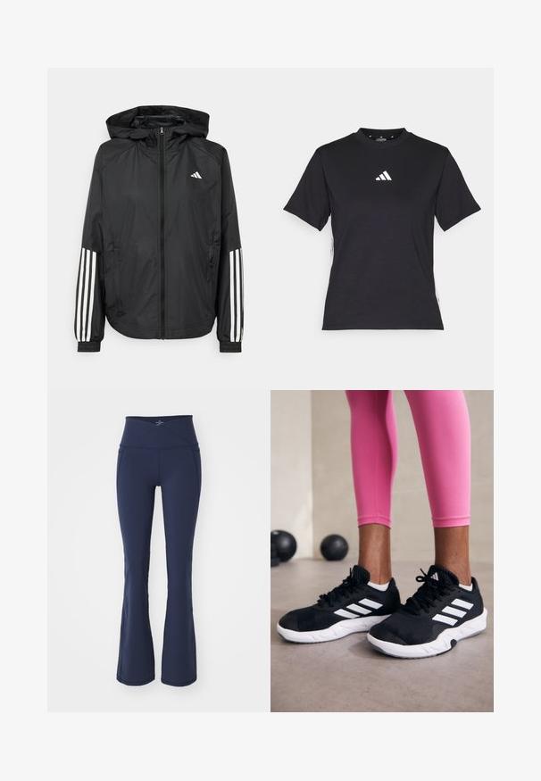 Melnā vieglā jaka ar kapuci, ar pilnu rāvējslēdzēju priekšā, elastīgām aprocēm un baltām trīs svītru akcentiem uz piedurknēm.; Melnā īsās piedurknēs T-kreklā, kas izgatavots no mīksta auduma. Ar baltu Adidas logo un kontrastējošām baltām svītrām sānos.; Sweaty Betty POWER BOOT CUT 2.0 WRAP WAIST - Treniņtērpa apakšdaļas - navy blue; Melnas sporta kurpes ar baltām svītrām, teksturēta sieta augšdaļa un balta zole. Nēsātas ar rozā legingiem, demonstrējot treniņu apģērbu.