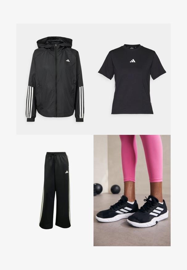 Svart lett jakke med hette, med full glidelås foran, elastiske mansjetter og hvite tre-stripes detaljer på ermene.; Svart T-skjorte med korte ermer laget av mykt stoff. Har en hvit Adidas-logo og kontrasterende hvite striper langs sidene.; Svarte joggebukser med løs passform, elastisk midje, snor og hvite sidestreker. Har brodert logo på venstre bein.; Svarte treningssko med hvite striper, teksturert mesh-overdel og hvit såle. Brukt med rosa leggings, som viser frem treningsklær.
