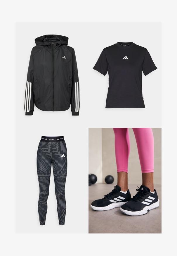 Chaqueta ligera negra con capucha, que cuenta con un cierre frontal de cremallera completa, puños elásticos y acentos blancos de tres rayas en las mangas.; Camiseta negra de manga corta hecha de una tela suave. Presenta un logo blanco de Adidas y rayas blancas en contraste a lo largo de los lados.; Leggings de patrón negro y gris con un ajuste ceñido, hechos de material suave, con una cinturilla elástica etiquetada "TECHFIT" y el logo de las tres franjas.; Zapatillas deportivas negras con rayas blancas, parte superior de malla texturizada y suela blanca. Combinadas con leggings rosa, exhibiendo ropa de entrenamiento.