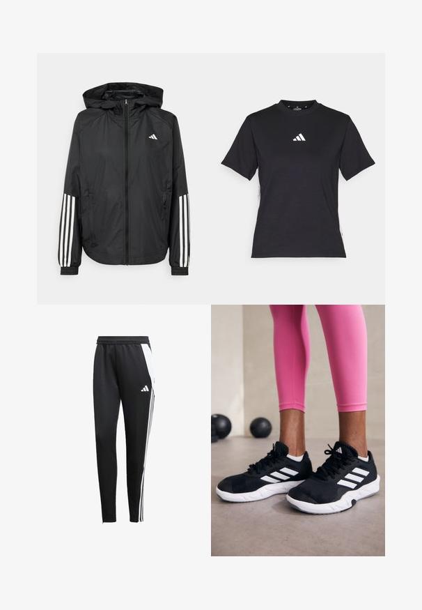 Giacca leggera nera con cappuccio, caratterizzata da una zip frontale completa, polsini elastici e accenti bianchi a tre strisce sulle maniche.; T-shirt nero a maniche corte realizzato in tessuto morbido. Presenta un logo bianco Adidas e strisce bianche a contrasto lungo i lati.; Pantaloni sportivi neri con una vestibilità affusolata, realizzati in tessuto liscio. Presentano strisce laterali bianche e un logo ricamato sulla gamba sinistra.; Scarpe da ginnastica nere con strisce bianche, parte superiore in mesh testurizzato e suola bianca. Indossate con leggings rosa, a mostrare abbigliamento per l'allenamento.