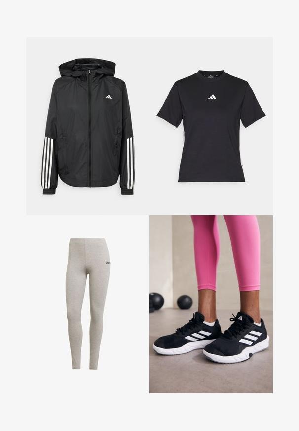 Čierna ľahká bunda s kapucňou, s celoprsným zipsom, elastickými manžetami a bielymi trojprúžkovými akcentmi na rukávoch.; Čierne tričko s krátkym rukávom vyrobené z mäkkej tkaniny. Obsahuje biele logo Adidas a kontrastné biele pruhy po stranách.; Sivé legíny vyrobené z mäkkého a elastického materiálu. Majú priliehavý strih s elastickým pásom a malým čiernym logom na ľavom boku.; Čierne atletické topánky s bielymi pruhmi, textúrovaný sieťovaný zvršok a biela podrážka. Nosené s ružovými legínami, ukazujúce tréningové oblečenie.