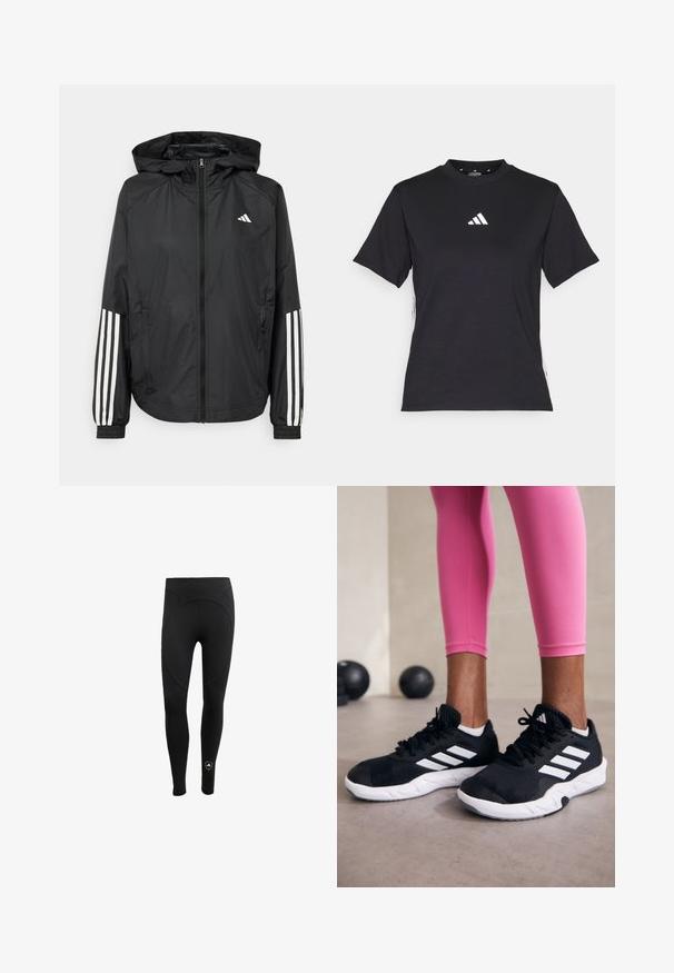 Črna lahka jakna s kapuco, z polnim zadrgo spredaj, elastikami na zapestjih in belimi tridelnimi poudarki na rokavih.; Črna kratkotrajna majica z mehkimi tkaninami. Ima bel logo Adidas in kontrastne bele črte ob straneh.; Ženske črne legice iz raztegljive tkanine, ki imajo visok pas in brezšivno zasnovo s krožno zadnjo ploščo ter podrobnostmi logotipa.; Črne športne čevlje z belimi črtami, teksturirano mrežasto zgornjišče in belo podplat. Obuti z roza legginsom, ki prikazujejo športno obleko.