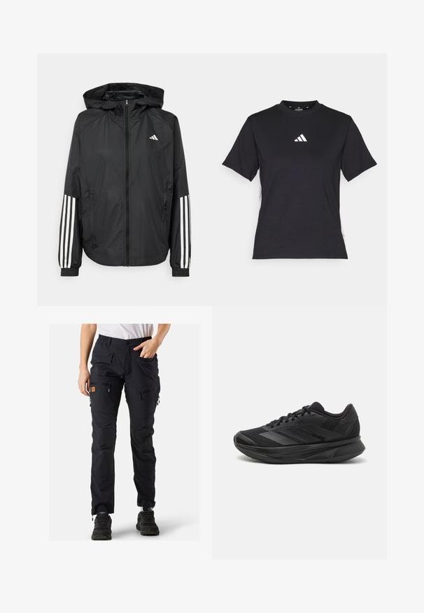Musta kevyt takki hupparilla, jossa on täysipitkä vetoketju, elastiset hihansuut ja valkoiset kolmonauha-tyyliset yksityiskohdat hihoissa.; Mustat lyhythihaiset T-paidat, jotka on valmistettu pehmeästä kankaasta. Siinä on valkoinen Adidas-logo ja erottuvat valkoiset raidat sivuilla.; Musta ulkoiluhousut, joissa on useita vetskareilla varustettuja taskuja, joustava vyötärö ja vahvistetut polvet kestävyys. Materiaali näyttää olevan säänkestävä.; Mustat juoksukengät, joissa on hengittävä verkkoyläosa, pyöreä varvas, sulavalinjainen muotoilu, teksturoidut yksityiskohdat ja pehmustettu pohja mukavuutta varten.