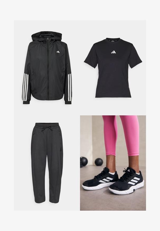 Svart lett jakke med hette, med full glidelås foran, elastiske mansjetter og hvite tre-stripes detaljer på ermene.; Svart T-skjorte med korte ermer laget av mykt stoff. Har en hvit Adidas-logo og kontrasterende hvite striper langs sidene.; Svarte treningsbukser med elastisk midje, snor, sidelommer med glidelås og smale ben. Laget av et mykt, teksturert stoff.; Svarte treningssko med hvite striper, teksturert mesh-overdel og hvit såle. Brukt med rosa leggings, som viser frem treningsklær.