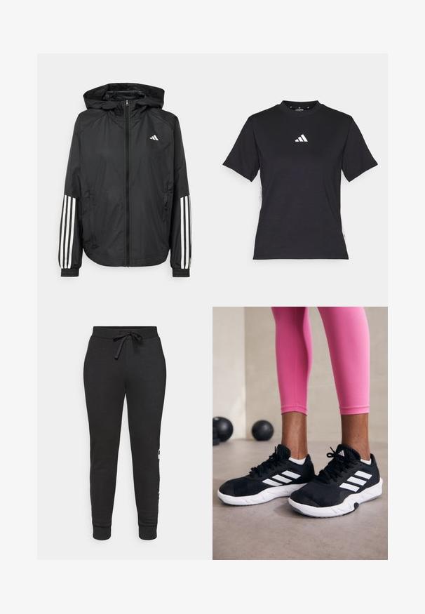Black lightweight jacket with a hood, featuring a full zip front, elastic cuffs, and white three-stripe accents on sleeves.; Black short-sleeve T-shirt made of soft fabric. Features a white Adidas logo and contrasting white stripes along the sides.; Black tapered jogger pants with a drawstring waist, made of soft fabric. Features ribbed cuffs and a printed logo detail on the side.; Black athletic shoes with white stripes, textured mesh upper, and a white sole. Worn with pink leggings, showcasing training apparel.