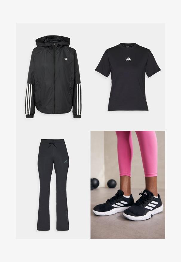 Casaco leve preto com capuz, apresentando um fecho de correr na frente, punhos elásticos e detalhes em branco com três riscas nas mangas.; T-shirt preto de manga curta feito de tecido macio. Apresenta um logo branco da Adidas e riscas brancas em contraste ao longo dos lados.; Calças atléticas pretas com cintura elástica ajustável, design de perna larga e painéis laterais em destaque. Apresenta o logo da Adidas na frente.; Sapatos de treino pretos com riscas brancas, parte superior em malha texturizada e sola branca. Usados com leggings cor-de-rosa, destacando roupa de treino.