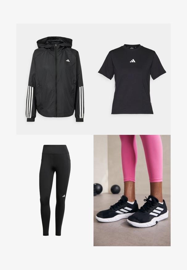 Giacca leggera nera con cappuccio, caratterizzata da una zip frontale completa, polsini elastici e accenti bianchi a tre strisce sulle maniche.; T-shirt nero a maniche corte realizzato in tessuto morbido. Presenta un logo bianco Adidas e strisce bianche a contrasto lungo i lati.; Leggings sportivi neri con vita alta, realizzati in tessuto elasticizzato; presentano una tasca laterale e un piccolo logo bianco vicino all'orlo.; Scarpe da ginnastica nere con strisce bianche, parte superiore in mesh testurizzato e suola bianca. Indossate con leggings rosa, a mostrare abbigliamento per l'allenamento.