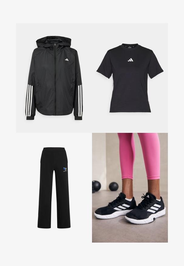 Black lightweight jacket with a hood, featuring a full zip front, elastic cuffs, and white three-stripe accents on sleeves.; Black short-sleeve T-shirt made of soft fabric. Features a white Adidas logo and contrasting white stripes along the sides.; Black sweatpants made of soft fabric, featuring an elastic waistband, straight-leg design, and a blue and gold logo on the left side.; Black athletic shoes with white stripes, textured mesh upper, and a white sole. Worn with pink leggings, showcasing training apparel.