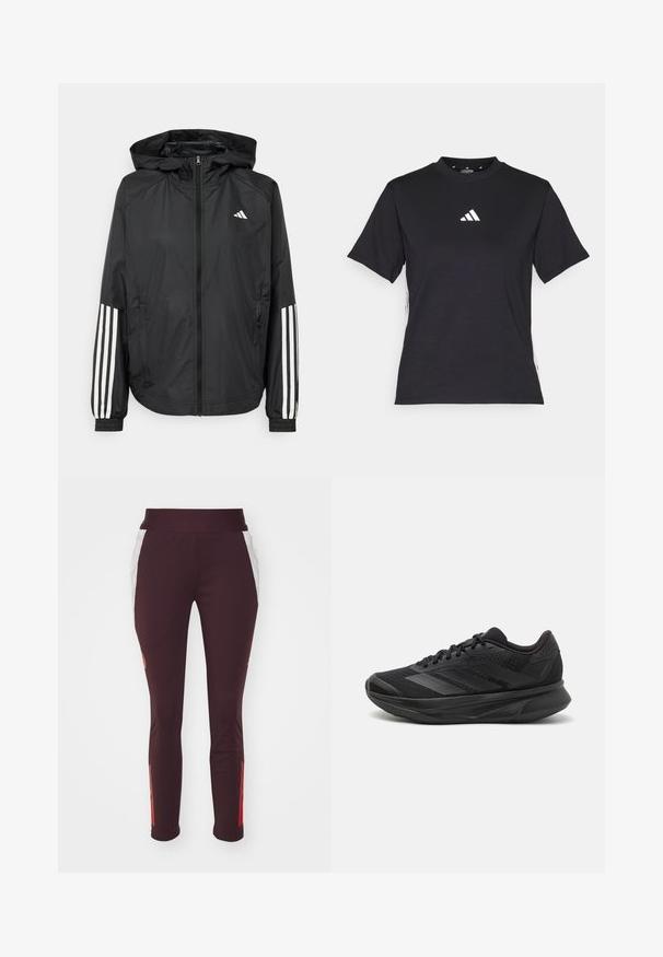 Crna lagana jakna s kapuljačom, s punim zdravo zatvaranjem, elastičnim manžetama i bijelim trostrukim trakama na rukavima.; Crna kratka majica s kratkim rukavima izrađena od mekog materijala. Ima bijeli Adidas logo i suprotstavljene bijele pruge duž strana.; adidas Performance FC BAYERN M�NCHEN TRAINING PANT W - Klupska odjeća - shadow maroon/red; Crne trkaće tenisice s prozračnom mrežastom gornjom konstrukcijom, zaobljenim prstima, elegantnim dizajnom, teksturiranim detaljima i mekanim potplatom za udobnost.