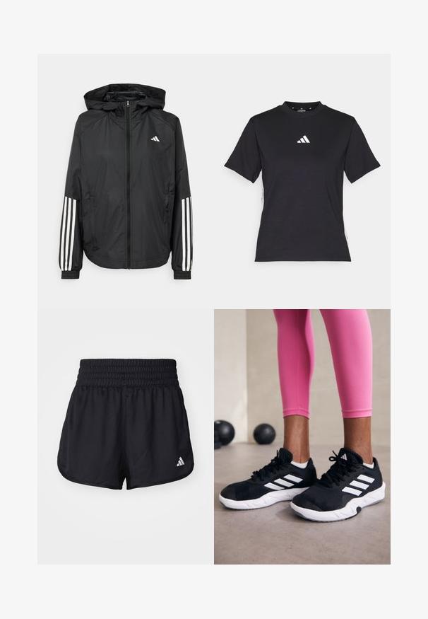 Jachetă ușoară neagră cu glugă, cu fermoar pe întreaga lungime, manșete elastice și accente albe cu trei dungi pe mâneci.; Tricou negru cu mâneci scurte, fabricat dintr-un material moale. Prezintă un logo Adidas alb și dungi albe contrastante pe laturi.; Shorts sportive negre, cu un brâu elastic, plisat și un accent logo alb în partea dreaptă jos. Material neted și ușor.; Adidași negri cu dungi albe, suprafață din plasă texturată și talpă albă. Purtați cu colanți roz, evidențiind îmbrăcămintea sport.