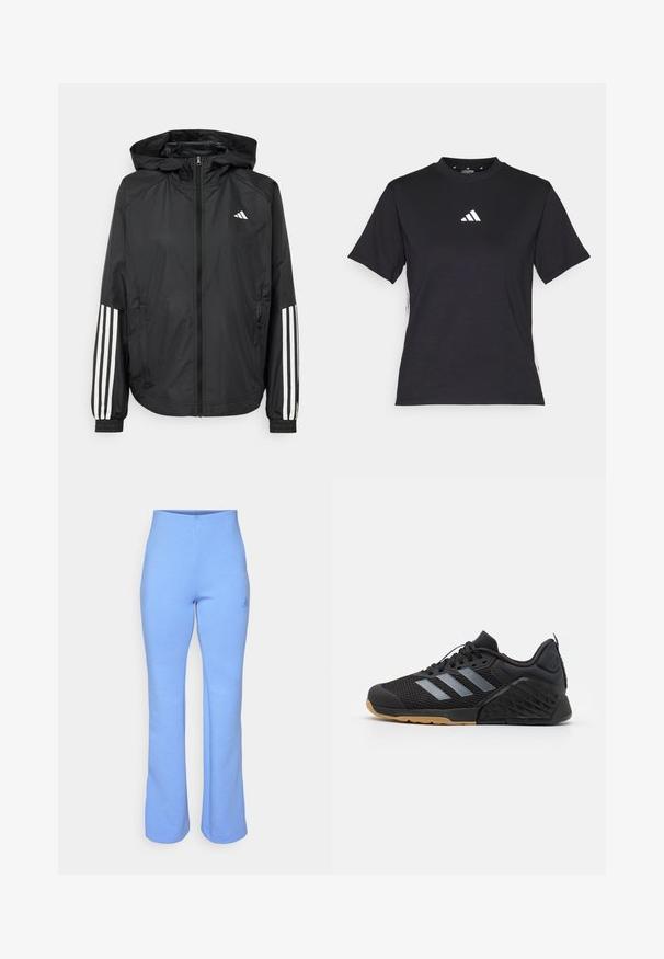 Casaco leve preto com capuz, apresentando um fecho de correr na frente, punhos elásticos e detalhes em branco com três riscas nas mangas.; T-shirt preto de manga curta feito de tecido macio. Apresenta um logo branco da Adidas e riscas brancas em contraste ao longo dos lados.; Calças largas em algodão azul-claro com uma cintura alta e um pequeno logótipo tonal na coxa esquerda. Textura suave e design casual.; Sapatilha atlética preta com parte superior em malha, design em três riscas cinzas, sola de borracha e detalhes texturizados no calcanhar e na lateral.