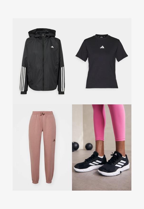 Casaco leve preto com capuz, apresentando um fecho de correr na frente, punhos elásticos e detalhes em branco com três riscas nas mangas.; T-shirt preto de manga curta feito de tecido macio. Apresenta um logo branco da Adidas e riscas brancas em contraste ao longo dos lados.; Sweatpants rosa feitos de tecido macio. Cintura elástica com cordão, tornozelos ajustados e um destaque de logotipo escuro na coxa esquerda.; Sapatos de treino pretos com riscas brancas, parte superior em malha texturizada e sola branca. Usados com leggings cor-de-rosa, destacando roupa de treino.