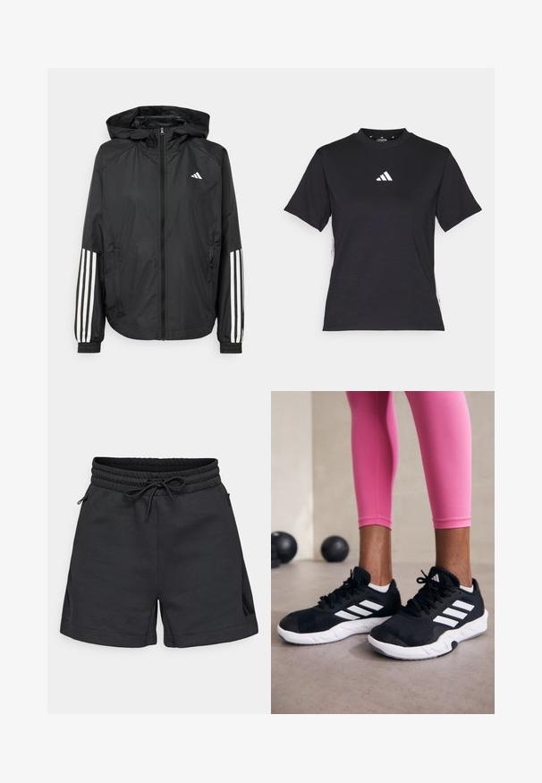Svart lett jakke med hette, med full glidelås foran, elastiske mansjetter og hvite tre-stripes detaljer på ermene.; Svart T-skjorte med korte ermer laget av mykt stoff. Har en hvit Adidas-logo og kontrasterende hvite striper langs sidene.; Sorte treningsshorts laget av mykt stoff, med elastisk midjebånd og snorlås, sidelommer og subtile splittdetaljer.; Svarte treningssko med hvite striper, teksturert mesh-overdel og hvit såle. Brukt med rosa leggings, som viser frem treningsklær.
