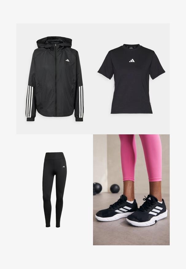 Svart lätt jacka med huva, som har full dragkedja framtill, elastiska ärmslut och vita tre-stripes accenter på ärmarna.; Svart kortärmad T-shirt i mjukt material. Har en vit Adidas-logotyp och kontrasterande vita ränder längs sidorna.; Svarta träningsleggings med hög midja. Tillverkade av stretchigt material och har en vit logotypdetalj på övre vänstra sidan.; Svarta sportskor med vita ränder, texturerat meshupp, och en vit sula. Bärs med rosa leggings, vilket visar träningskläder.