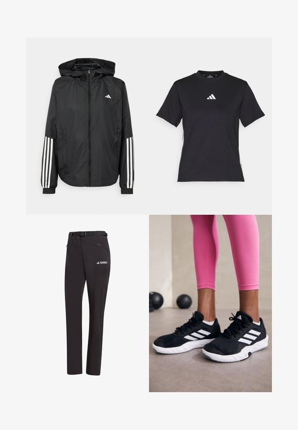 Svart lett jakke med hette, med full glidelås foran, elastiske mansjetter og hvite tre-stripes detaljer på ermene.; Svart T-skjorte med korte ermer laget av mykt stoff. Har en hvit Adidas-logo og kontrasterende hvite striper langs sidene.; Sorte tursbukser med belte, glidelåslommer og logo. Laget av lett, elastisk stoff for enkel bevegelse.; Svarte treningssko med hvite striper, teksturert mesh-overdel og hvit såle. Brukt med rosa leggings, som viser frem treningsklær.