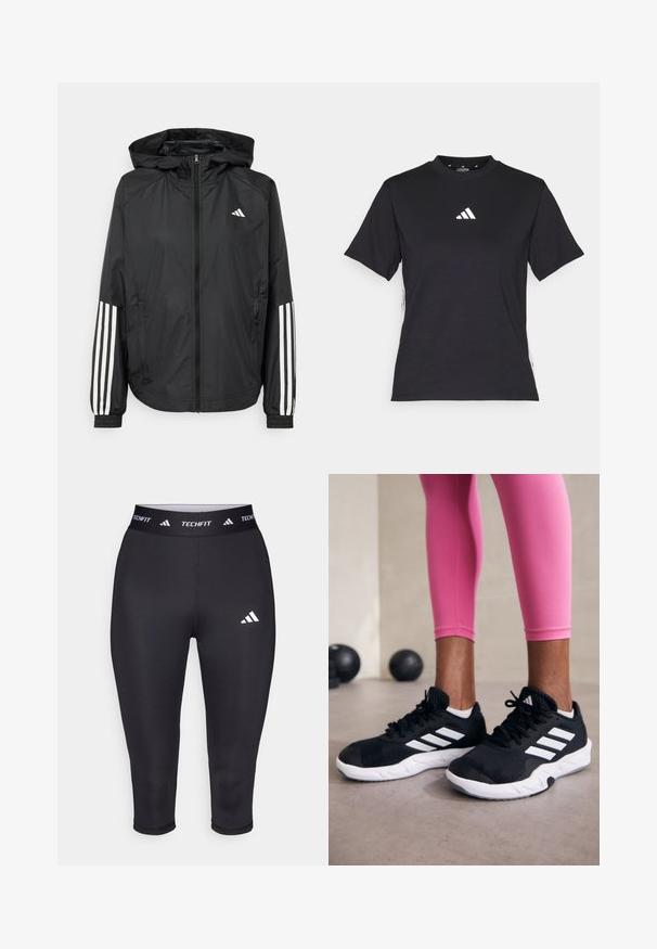 Black lightweight jacket with a hood, featuring a full zip front, elastic cuffs, and white three-stripe accents on sleeves.; Black short-sleeve T-shirt made of soft fabric. Features a white Adidas logo and contrasting white stripes along the sides.; Black Techfit capri leggings made of stretchy material. Features a wide waistband with white branding and a small white logo on the thigh.; Black athletic shoes with white stripes, textured mesh upper, and a white sole. Worn with pink leggings, showcasing training apparel.
