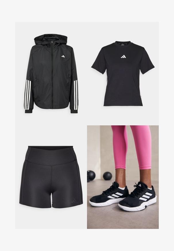 Mustikas kerge jope kapuutsiga, eesmise täispika zipiga, elastsete varrukate ja valgete kolme triibu aktsentidega varrukatel.; Must have lühikeste varrukatega T-särk, mis on valmistatud pehmest kangast. Esiküljel on valge Adidas logo ja kontrastsed valged triibud külgedel.; Mustad mustad lühikesed püksid, mis on valmistatud venivast materjalist, kõrgema vöökohaga, lamedate õmblustega ja vaikselt näkku jääva Adidas logo alumises nurgas.; Mustad must sportlikud jalanõud valgete triipudega, tekstureeritud võrkkattega ülemine osa ja valge tallaga. Kombineeritud roosade retuusidega, tutvustades treeningriideid.