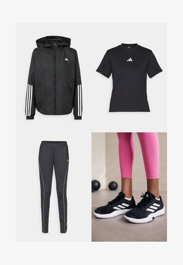 Melnā vieglā jaka ar kapuci, ar pilnu rāvējslēdzēju priekšā, elastīgām aprocēm un baltām trīs svītru akcentiem uz piedurknēm.; Melnā īsās piedurknēs T-kreklā, kas izgatavots no mīksta auduma. Ar baltu Adidas logo un kontrastējošām baltām svītrām sānos.; Melni sporta bikses ar elastīgu jostu, kurām ir balta un sarkana sānu maliņa un divas sānu kabatas. Gluda, elastīga auduma.; Melnas sporta kurpes ar baltām svītrām, teksturēta sieta augšdaļa un balta zole. Nēsātas ar rozā legingiem, demonstrējot treniņu apģērbu.