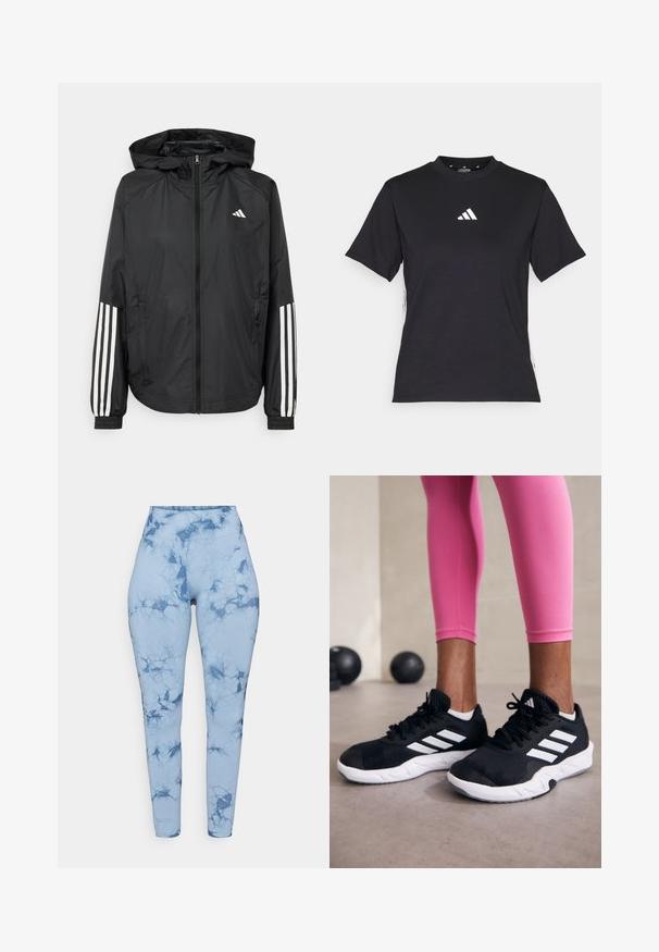 Casaco leve preto com capuz, apresentando um fecho de correr na frente, punhos elásticos e detalhes em branco com três riscas nas mangas.; T-shirt preto de manga curta feito de tecido macio. Apresenta um logo branco da Adidas e riscas brancas em contraste ao longo dos lados.; Leggings azul com padrão de mármore, com uma cintura alta, feitos de um tecido elástico com uma textura suave e um design justo.; Sapatos de treino pretos com riscas brancas, parte superior em malha texturizada e sola branca. Usados com leggings cor-de-rosa, destacando roupa de treino.