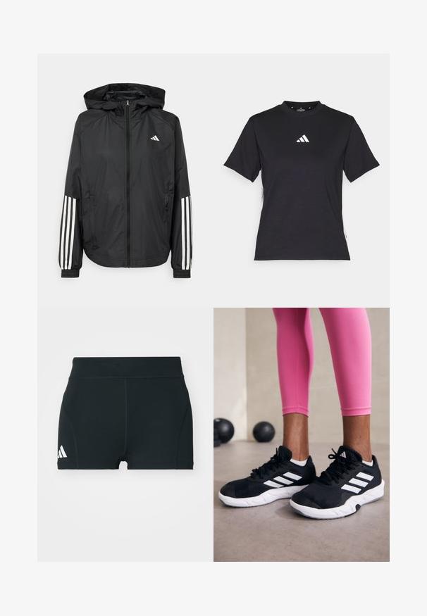 Black lightweight jacket with a hood, featuring a full zip front, elastic cuffs, and white three-stripe accents on sleeves.; Black short-sleeve T-shirt made of soft fabric. Features a white Adidas logo and contrasting white stripes along the sides.; Black athletic shorts made of stretchy fabric, featuring a high waistband, fitted shape, and white Adidas logo on the left side.; Black athletic shoes with white stripes, textured mesh upper, and a white sole. Worn with pink leggings, showcasing training apparel.