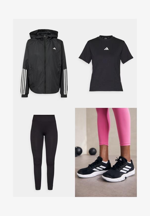 Črna lahka jakna s kapuco, z polnim zadrgo spredaj, elastikami na zapestjih in belimi tridelnimi poudarki na rokavih.; Črna kratkotrajna majica z mehkimi tkaninami. Ima bel logo Adidas in kontrastne bele črte ob straneh.; Črne rebraste legice z visokim pasom, raztegljivim materialom in oprijetim dizajnom, ki se na gležnjih zožijo brez dodatnih vzorcev ali akcentov.; Črne športne čevlje z belimi črtami, teksturirano mrežasto zgornjišče in belo podplat. Obuti z roza legginsom, ki prikazujejo športno obleko.